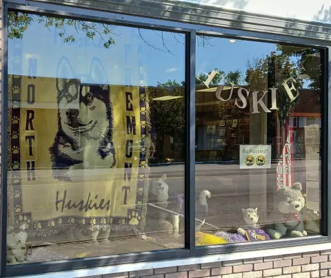 The large window decorated for North Fremont homecoming