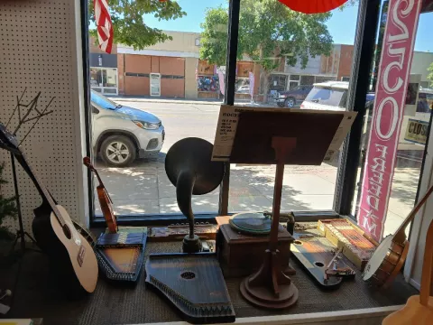 Vintage musical instruments in the small window